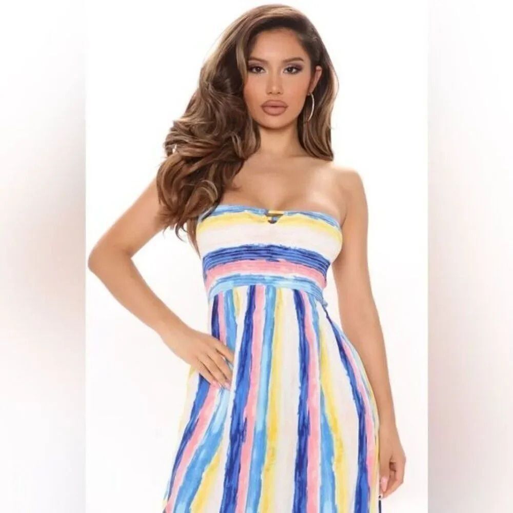 Fashion Nova Strapless Maxi Dress in Multicolor Stripes